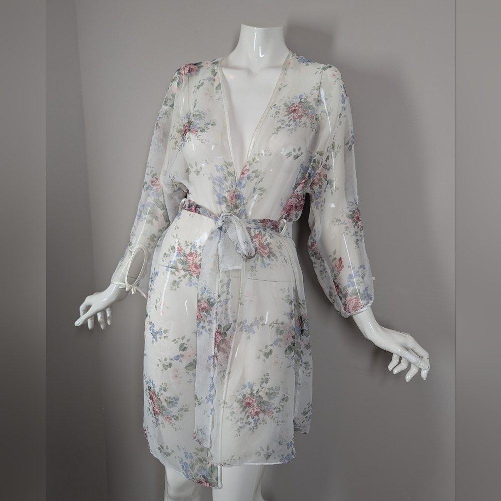 Vintage Linda Montreal Sheer Floral Robe | Romantic Tie Front Peignoir | M/L